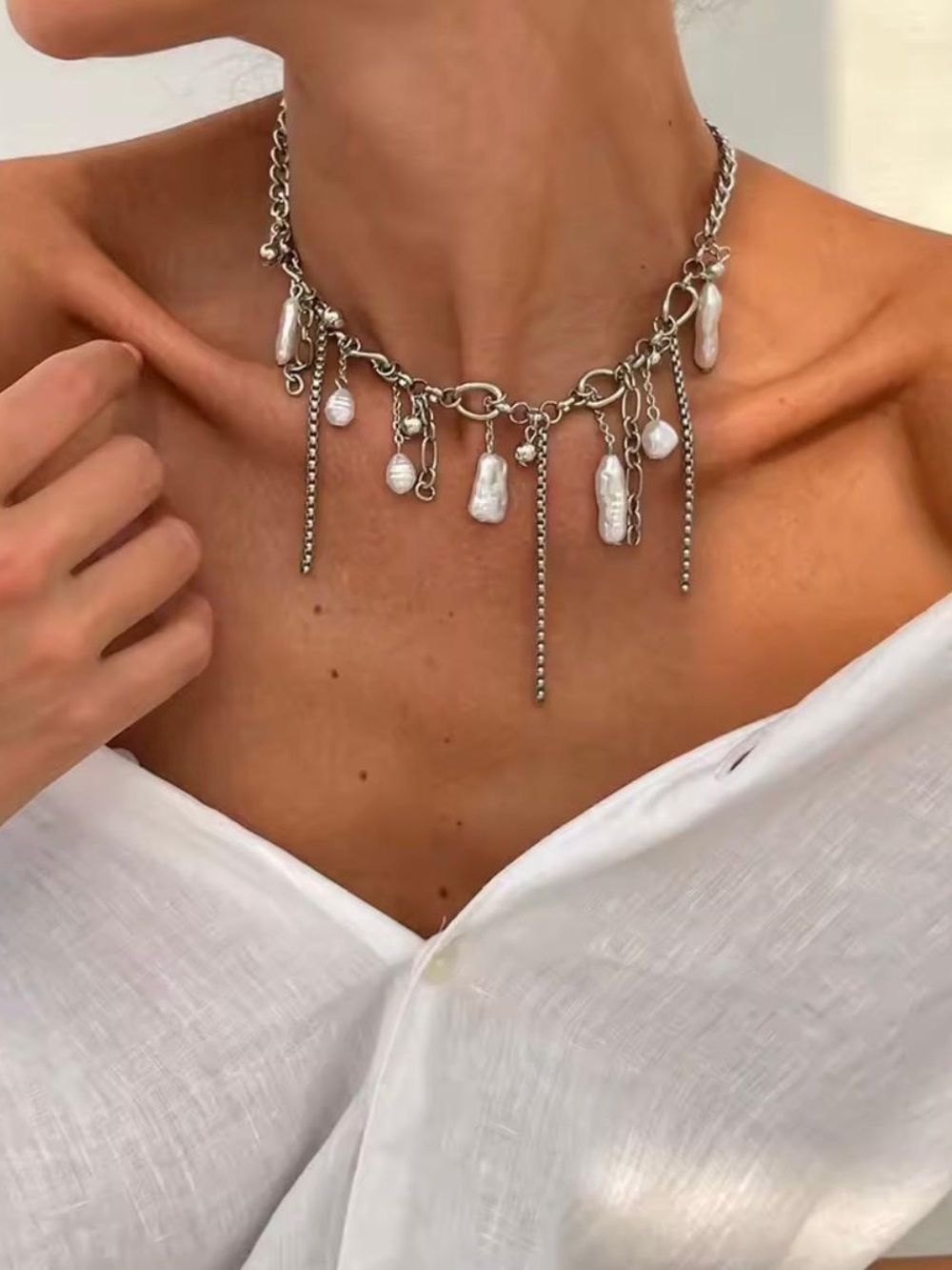 Silver tone Pearl Charm Necklace/ Chunky Statement Necklace/ Boho Coastal